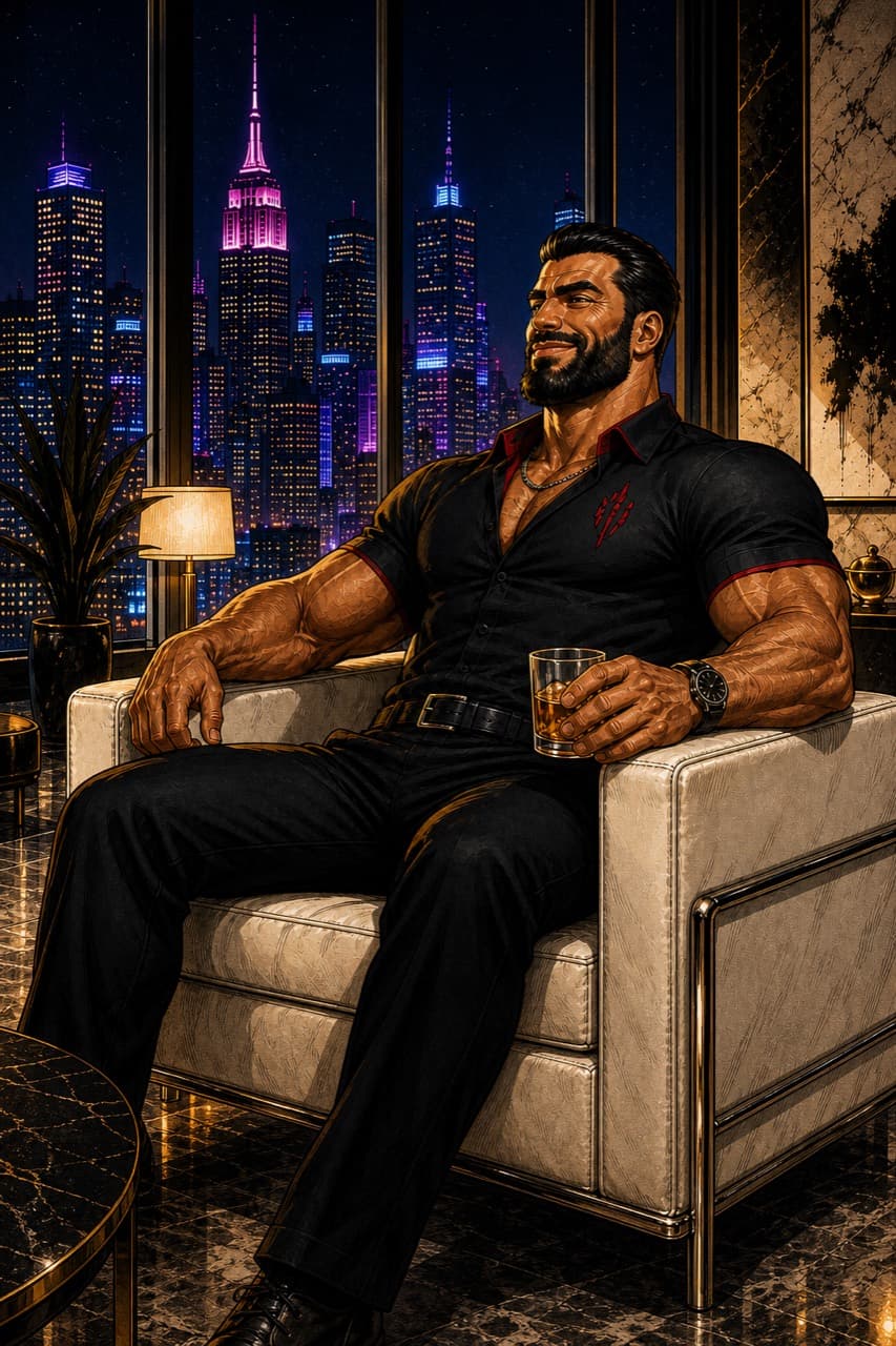 Cartoon giga-chad investor sitting confidently in a penthouse