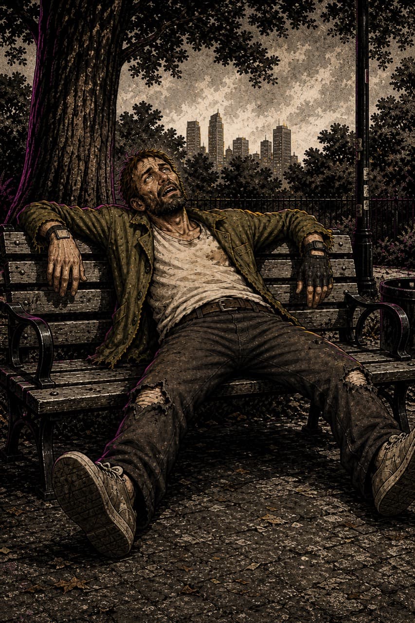 Cartoon man starfished asleep on a park bench